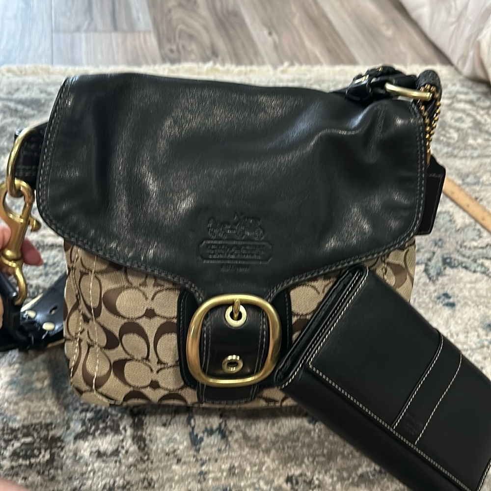 Coach Bleeker Black Leather Legacy Brown Signature Flap Buckle Bag and wallet
